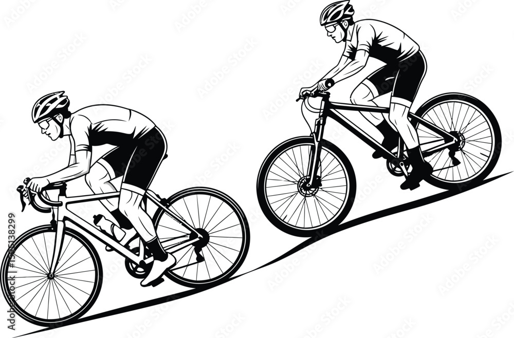 Obraz premium Vector art of silhouettes of cyclists riding bicycles on a road isolated on white background
