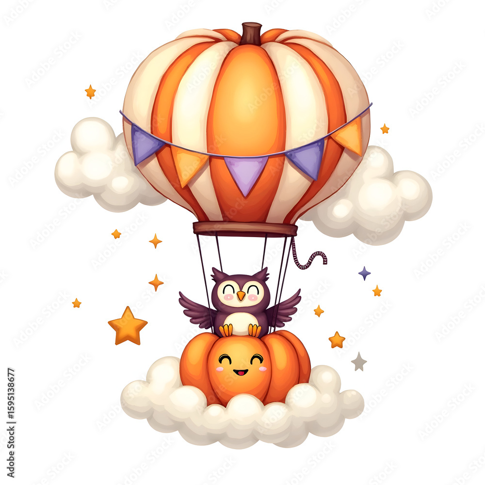 Fototapeta premium Owl in Pumpkin Hot Air Balloon Over Clouds – Bright White Background