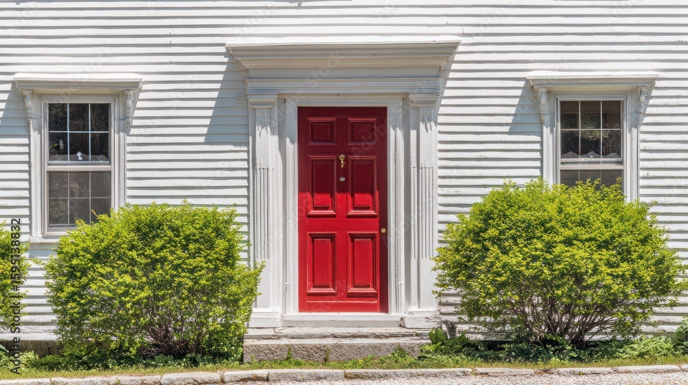 Fototapeta premium Traditional house with a vibrant red door and white siding, set against a manicured front yard under even daylight.