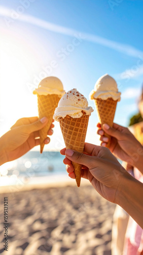 Three people hold ice cream cones on a sunny beach, celebrating summer and enjoyment.