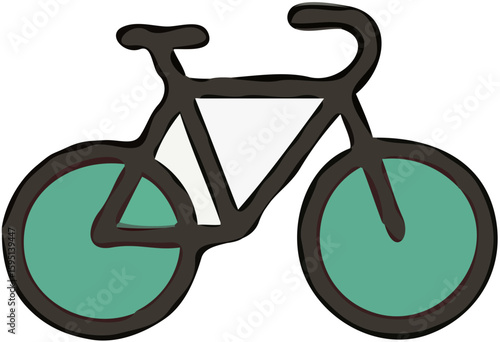 Simple illustration of a bicycle with teal wheels and a dark frame, isolated on a white background.