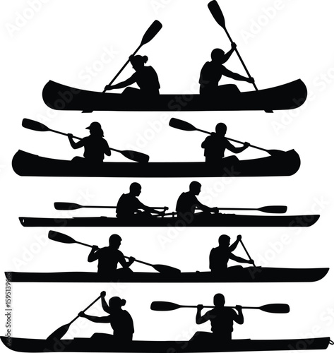 Vector art of silhouettes of people paddling in kayaks and canoes on the water