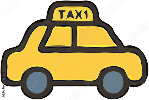 A cartoon illustration of a yellow taxi cab with a "TAXI" sign on its roof.