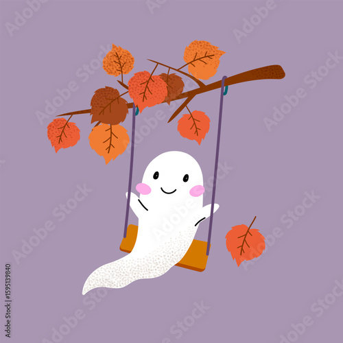 Smiling ghost swings from tree branch with autumn leaves. Fun and playful Halloween character on purple background