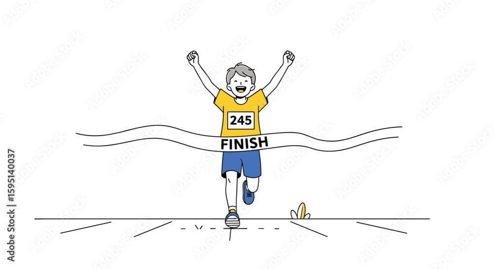 Fototapeta premium Excited Runner Crossing the Finish Line With Arms Raised in Victory After a Long Race