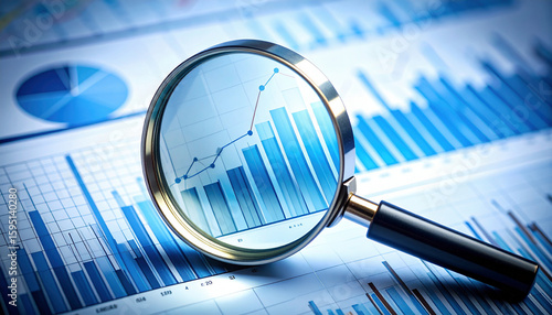 A magnifying glass focuses on financial charts and graphs, highlighting data analysis and business growth insights.