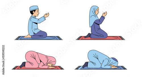 Illustrations of Muslim Children Performing Salat the Islamic Prayer in Different Poses Showing Their Devotion and Faith
