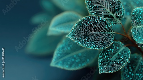 Abstract digital eco background of green glowing circuits forming leaves on gradient teal and blue backdrop, futuristic environmental concept for sustainability visuals