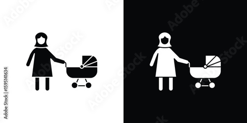 Woman with Baby Stroller icon vector, solid illustration, pictogram set.