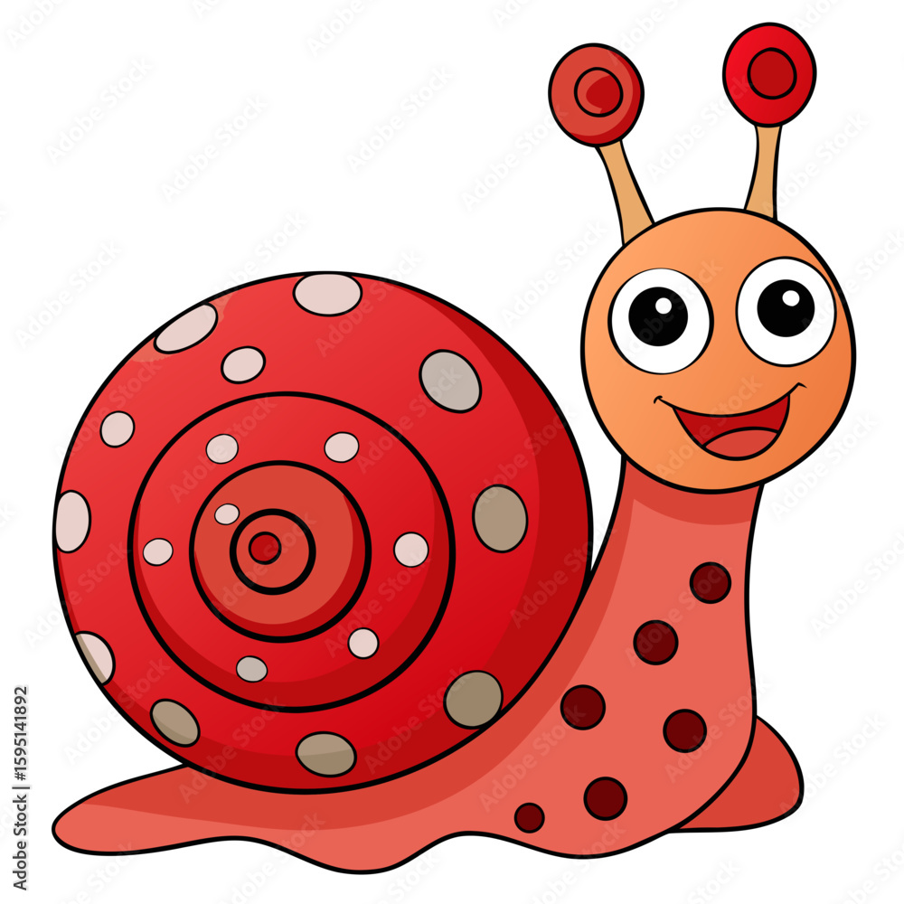 Obraz premium Cute Cartoon Snail with Red Polka Dot Shell Smiling