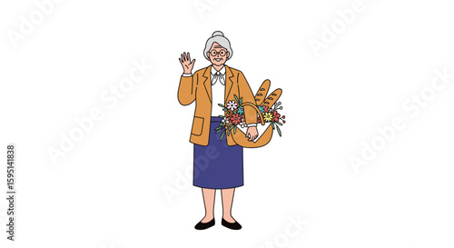 Elderly Woman Carrying a Shopping Bag Full of Fresh Groceries and Flowers With a Friendly Wave