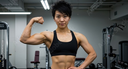 Strong Asian Woman Flexing Her Muscles At The Gym