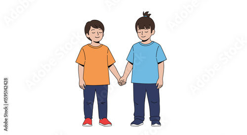 Two young boys holding hands showing friendship and innocence in their simple cartoon illustration capturing a heartwarming moment of childhood connection and companionship