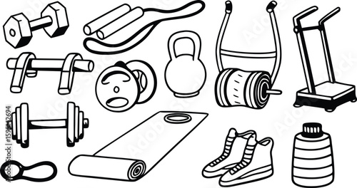 Fitness Equipment and Workout Tools Vector Icon Set