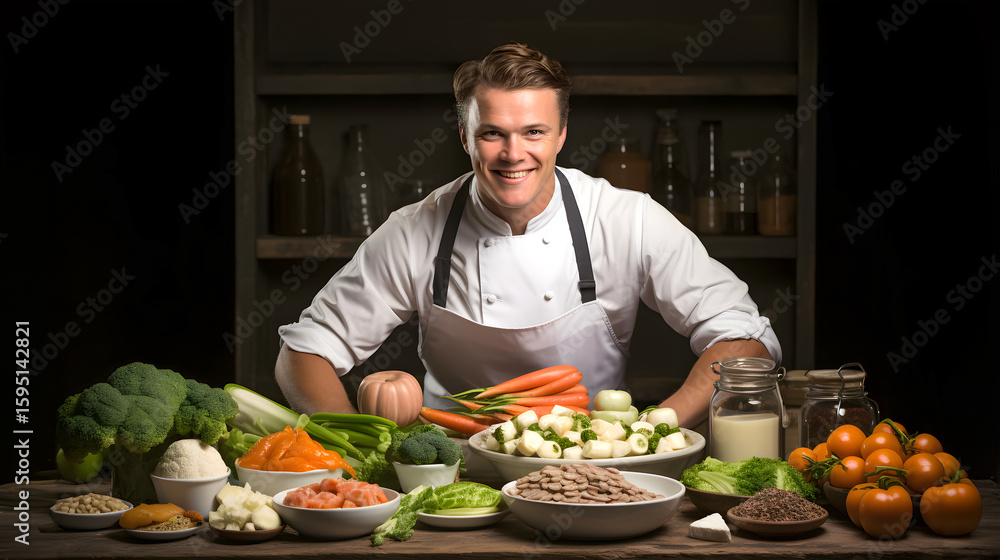 Chef proudly displays fresh produce and ingredients for a culinary masterpiece in a dark setting Chef proudly displays fresh produce and ingredients for a culinary masterpiece in a dark setting