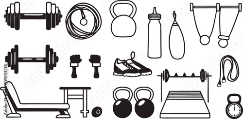 Fitness Equipment and Workout Tools Vector Icon Set