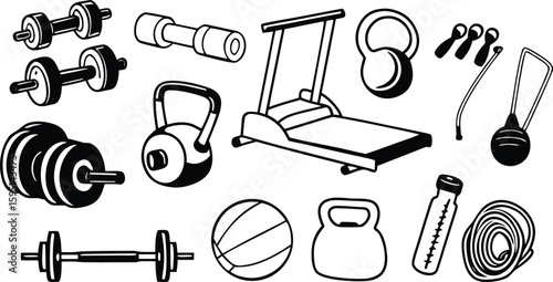 Fitness Equipment and Workout Tools Vector Icon Set
