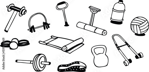 Fitness Equipment and Workout Tools Vector Icon Set