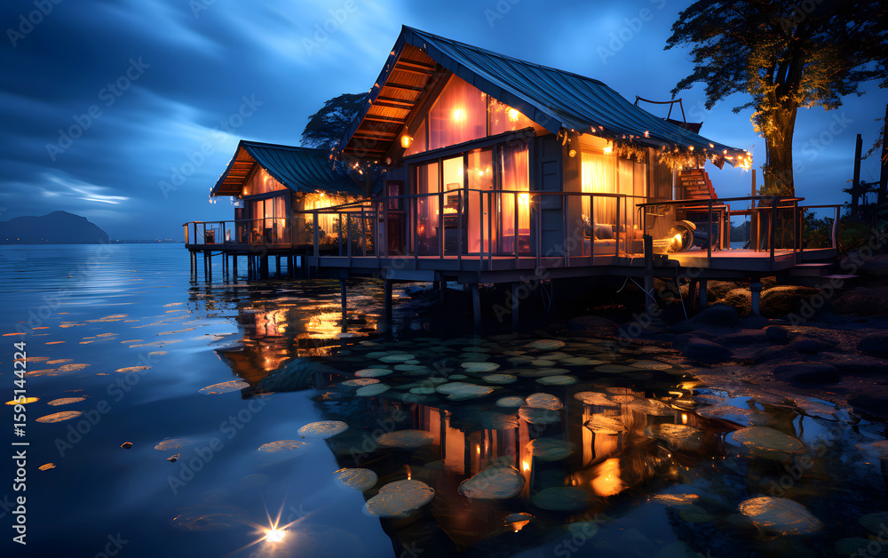 Fototapeta premium Charming lakeside bungalows illuminated at dusk with reflections on calm water in a serene location