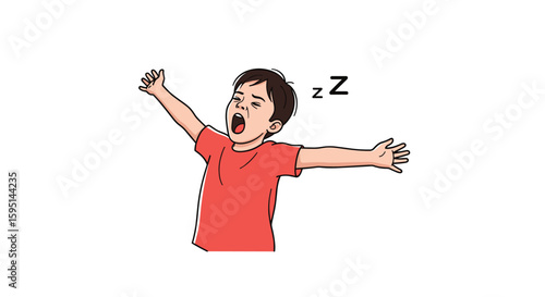 A Young Boy Stretches Widely and Yawns Demonstrating Tiredness and the Need for Rest