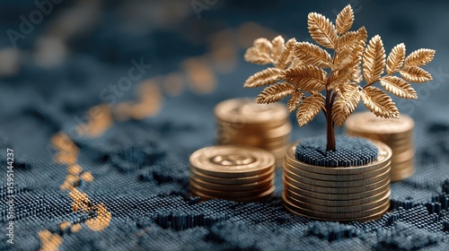 Abstract tree of stacked coins with growing ROI leaves on digital grid, representing wealth compounding strategy visually.