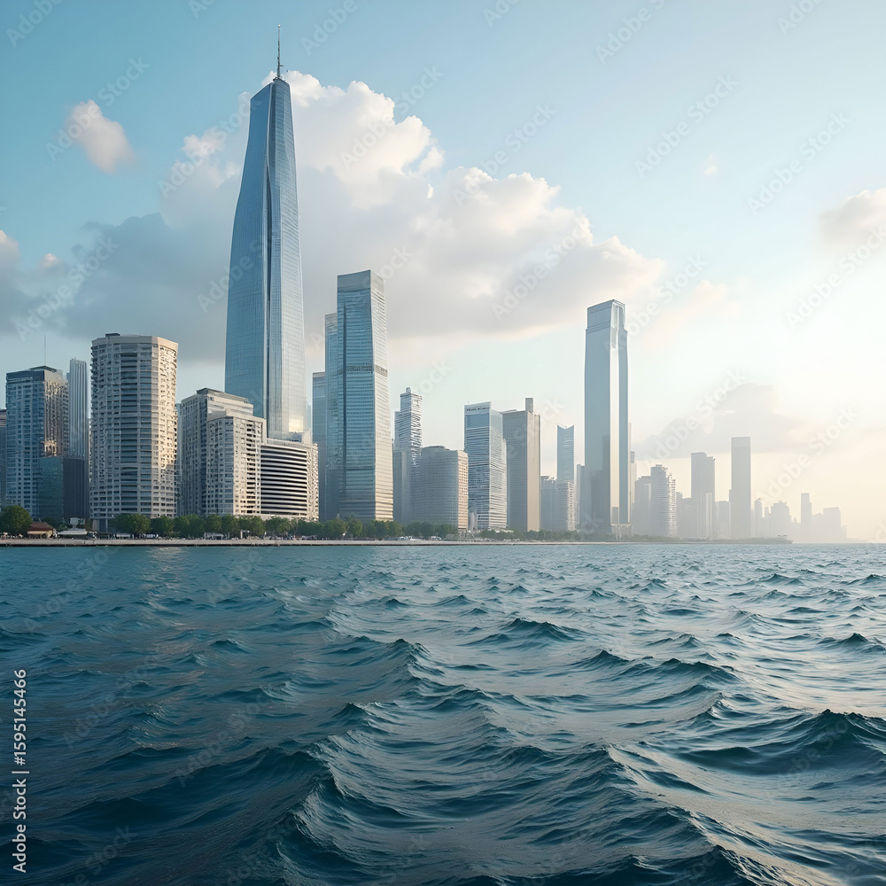 Fototapeta premium Sea by modern buildings against sky in city