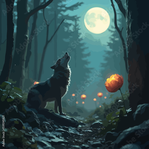A lone wolf howling, surrounded by a pack of glowing spirits, deep in a moonlit forest, mystical realism. A delicate flower blooming, growing through cracks in a concrete wall, amidst a dystopian city