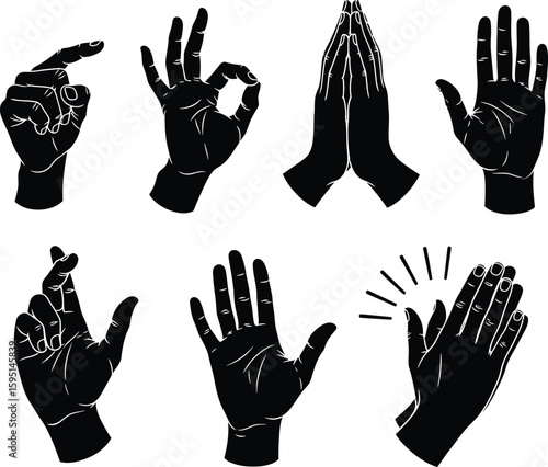 Vector art of various hand gestures and signs isolated on white background