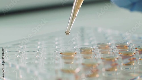 A gloved hand uses a pipette to transfer soft-orange liquid into multiple transparent wells of a laboratory microplate