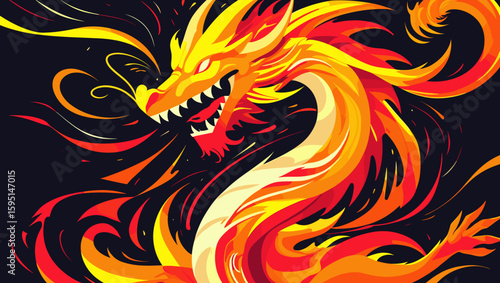 Dynamic illustration of a fiery dragon with vibrant colors and swirling flames for fantasy art