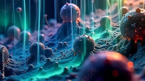 Explore a vibrant display of nanoscopic molecules with pulsating layers like aurora curtains, swirling in a vivid dance of colors, each layer revealing depth and complexity, contrasted