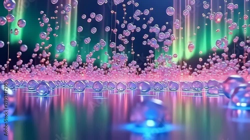 Marvel at a stunning animation of geometric molecules with pulsating layers like aurora curtains, morphing between dynamic shapes and colors, their interactions creating a dazzling light