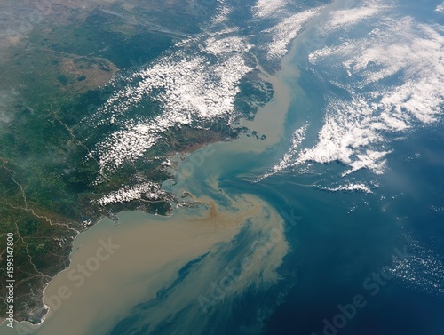 Satellite view of Mississippi River delta wetlands with sediment plumes, ecological change visualization for climate reports or geography textbooks.