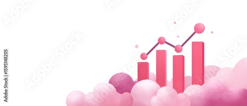 A pink-toned graph rises above fluffy clouds, symbolizing growth, progress, and upward trends in a soft, airy visual style.