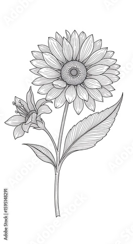 Wallpaper Mural Elegant Line Art Illustration of a Sunflower and Lily in Detailed Engraving Style Torontodigital.ca