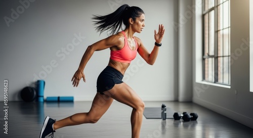 Active Woman Training Running Inside a Modern Gym