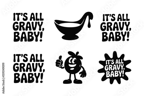 Gravy baby text and gravy boat illustration food black and white