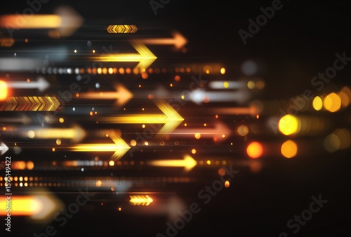 Abstract motion blur image with glowing orange and white arrows streaking across a dark background, interspersed with bokeh lights