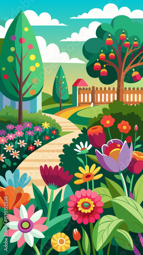 Vector art of a beautiful spring scene unfolds with a winding path through a garden filled with diverse flowers and trees near a house