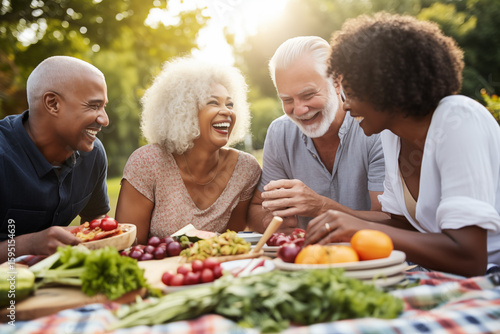Diverse Group of Friends Including Older Adults Enjoying Picnic in Sunny Park Together

