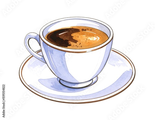 Watercolor painting of a lightblue coffee cup and saucer filled with dark brown espresso showcasing a creamy lightbrown top layer with a subtle rim detail
