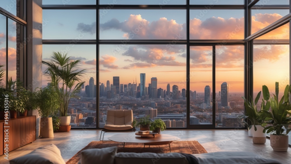 Fototapeta premium Stylish modern loft apartment features large glass walls with stunning cityscape view and high fidelity interior decor and plants at sunset hour.