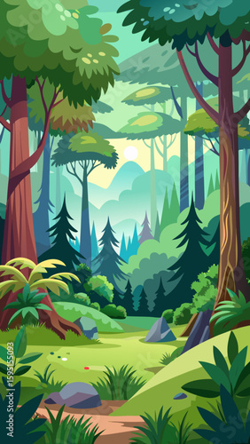 Vector art of a serene cartoon forest path leading towards a sunlit clearing with majestic trees and a gentle stream