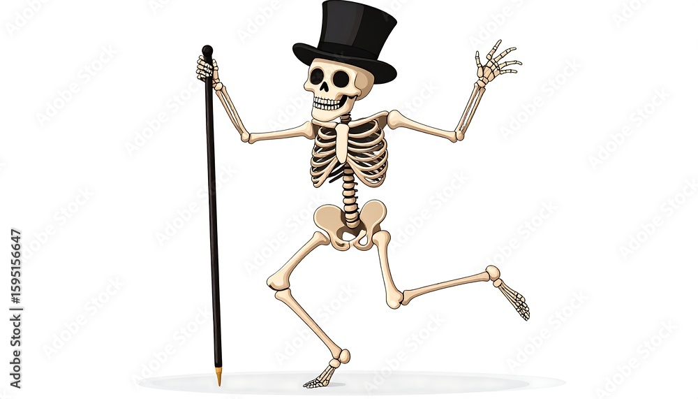 Fototapeta premium A whimsical skeletal figure dapperly attired in a top hat joyfully strolls with a cane exhibiting dynamic pose and lively expression against a stark white backdrop