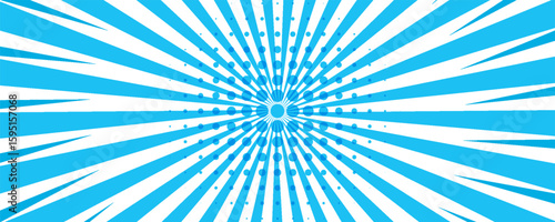 Pop art halftone background. Comic starburst pattern. Cartoon retro sunburst effect. Blue banner with dots and rays. Vintage duotone texture. Vector illustration. Superhero wow banner. eps10