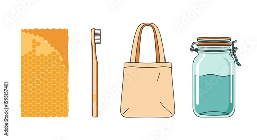 Illustration of reusable beeswax wrap, toothbrush, tote bag, and glass jar