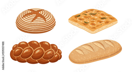 Illustration of four different types of bread including challah and focaccia loaf