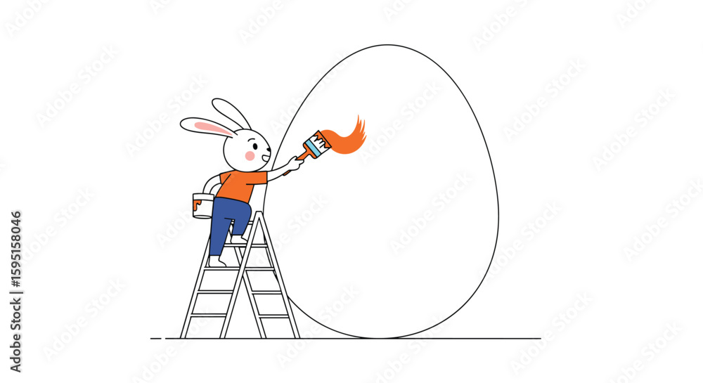 Fototapeta premium Cute cartoon rabbit character standing on a ladder painting a giant easter egg with a paintbrush