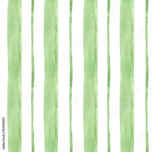 Green stripes background. Seamless watercolor pattern with vertical hand drawn stripe with stains, blot, line for wallpapers, textile, bed linen, fabric texture