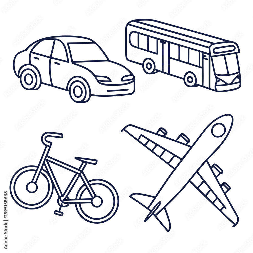 Naklejka premium Line art illustration of transportation vehicles isolated on white background
